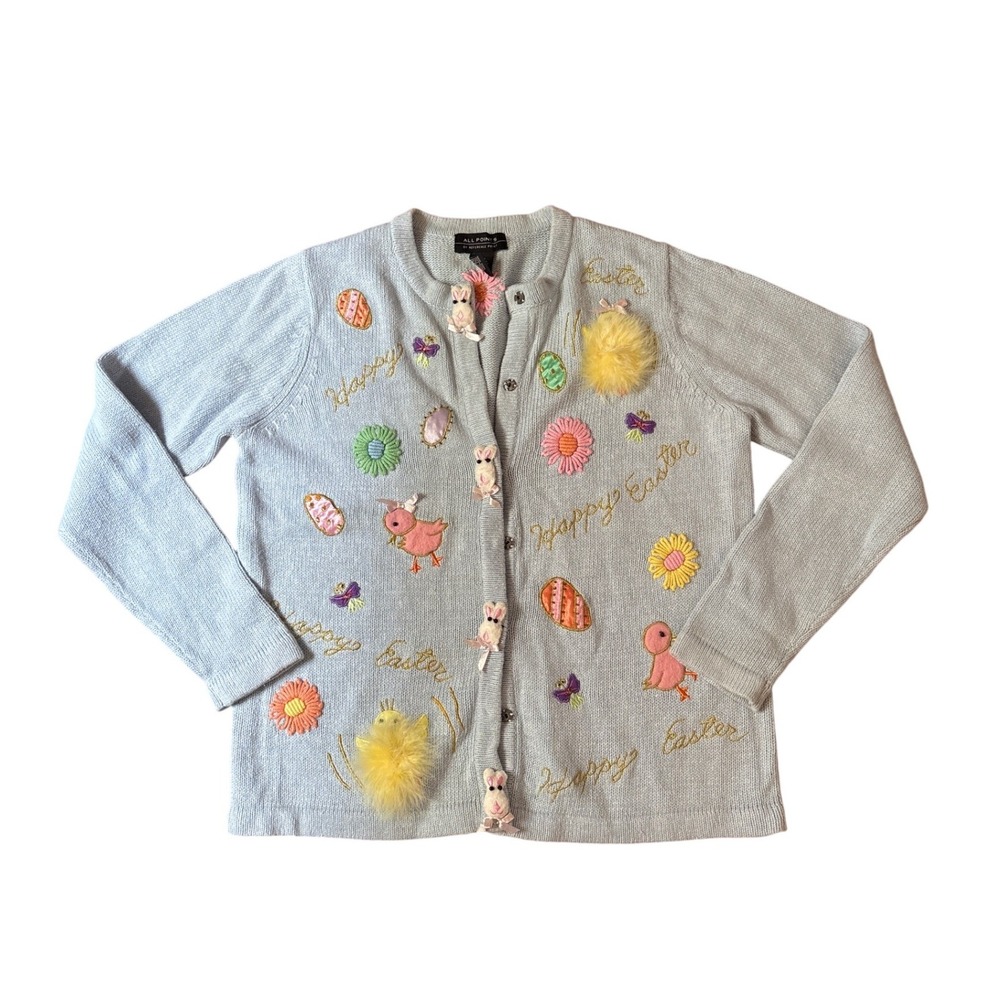 All Points Cardigan Women Blue Embroidered Easter Bunny Chick Vintage SIZE S